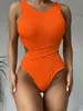 Женский купальник оранжевый цельный бикини 2024 тонкий купальник для женщин монокини с высокой талией через плечо сплошной цвет летний пляжный отдых