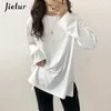 Kvinnors t-shirt Jielur Loose Split Long Sle T-skjortor Kvinnor BASIC O-Neck Autumn Tee Shirt Damer Solid Color Fe T-Shirt White Top S-XL L24312