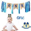 Party Decoration 1Set One Letter HighClair Banner Cake Topper Crown Hat Blue Bow för första födelsedagspojke Baby Shower Supplies