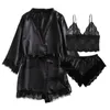 Schwarz Sexy Damen Pyjamas Satin 4 Stück Spitze Seide Hosenträger Tops Shorts Robe Set Nachthemd Unterwäsche Nachthemd Anzug 240226