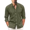 Camisas casuales para hombres Camisa de hombre de color sólido Cuello alto elegante con diseño de un solo pecho Ajuste suelto Tela suave y transpirable para la primavera