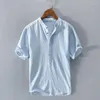 Camisas casuais masculinas simples atmosféricas algodão linho crepe camisa de manga curta 2BI9