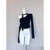 Women's T Shirts Pure Desire Spice Girl Style Tie Hanging Neck Slant Shoulder Asymmetric Long Sleeve Knit Top Women