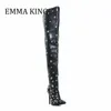 Femmes Strass Gem Embelli Cuissardes Bottes Sexy Bout Pointu Talon Aiguille Longue Botte Dames Glamour Chaussures De Fête De Mariage 240227