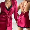 Pijamas femininos com decote em v twinset robe conjunto senhora cetim sexy renda guarnição nightyrobe 2 pçs camisola lazer femal nightdress