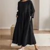 Sukienki swobodne Summer bawełniana sukienka maxi eleganckie kobiety luźne solidne kieszenie o szyi moda moda wszechstronna kobieca szata