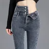 Termal Kış Kalın Polar Yüksek Belli Sıcak Skinny Jeans Kalın Kadınlar Streç Düğme Düğmesi Pantolon Anne Günlük Kadife Jeans 240301