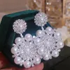 Koreanische Übergroße Simulierte Perle Ohrringe für Frauen Silber Farbe Strass Blume Anhänger Hochzeit Schmuck 240228