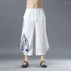 Ethnic Clothing 2024 Chinese Style Pants For Man Three Quarter Trousers Casual Flax All-Match Loose Mountain Flowing Water Printing