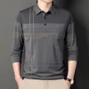 Men Long Sleeve Polo Shirt Lapel Stripe Business Polo Shirt Turndown Casual T-Shirt with Pockets 230226