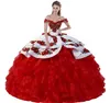 Vibrant Off Shoulder Embroidered 3D Rose Flowers Quinceanera Dress Mexican Charro Medallions White and Red Quince XV Ball Gown Wit2839445