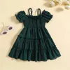 FocusNorm 15y Lovely Kids Girls Summer Dress Ruffles Puff Sleeve Offshoulder Spaghetti Straps SolidAline 240228