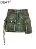 DEAT Women Dżinsowe spódnice krawatowe zielone nieregularne splicowane wiele kieszeni Mini spódnica 2024 Moda wiosenna 29L3411 240304