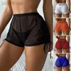 Shorts kvinnors sexiga rena mesh bikini shorts sommarstrand transparent täcker färg midja dragkropp korta byxor ldd240312