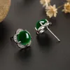 Stud Earrings Natural Green Jade Flower 925 Silver Agate Chinese Hand-Carved Fashion Charm Jewelry Accessories Amulet Gifts For Women