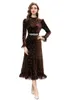 Women's Runway Dresses Ruffled Collar Long Sleeves Beaded Elegant Designer Velvet Casual Vestidos