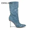 Womens Rhinestone Denim Mid Calf Boot Pointed Toe Slip On Diamond Booties Sexy Stiletto Heeled Sparkly Bling Ball Party Shoes 240227