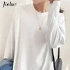 女性のTシャツジールールルーズスプリット長いTシャツ女性ベーシックオネック秋のTシャツレディースソリッドカラーFE TシャツホワイトトップS-XL L24312