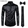 Black Mens Silk Dress Shirts 3PCS -Shirt Tiebowtie Smooth Satin Shirt Men Slim Fit Party Prom Casual Shirts Men Social Camisa 240307