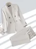 Fashionable womens pants set formal womens office business suit jacket and close-up beige black khaki two-piece set with pockets 240312