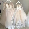 MisShow Bow Lace Ball Gown Flower Girl Dresses For Wedding Sweet Long Sleeve Soft Tulle Girls Princess Communion 240309