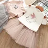 Summer Girls Clothing Set Lace Hollow Topsfloral Short Kjol 2st Suit Princess Toddler Baby Barn Barnkläder 240226