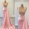 Glamoureuze Zeemeermin Avondjurken Halter Lovertjes Applique Kralen Galajurken Roze Satijn Asymmetrische Vestidos De Noche Sweep Trein