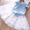 Summer Girls Clothing Set Lace Hollow Topsfloral Short Kjol 2st Suit Princess Toddler Baby Barn Barnkläder 240226