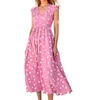 Casual Dresses Women Sleeveless Polka Dot Printed V Neck Midi Dress Ruched Tie Waist Summer Long For