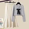 Большой женский осенне-зимний комплект в Корейском стиле, тонкий вязаный свитер, юбка с рыбьим хвостом, комплект из двух предметов 240226