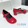 Elbise ayakkabıları 2024 Parlak kırmızı deri yuvarlak ayak parmağı yüksek topuklu jane tam gerçek kadın topuk dans zarif
