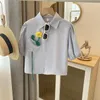 Women's Blouses Blue Flower Decoration Polo Collar Blouse Women Short Sleeve Summer Shirts Loose Tops Vintage Boho White Beach Beautiful