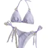 Costume da bagno bikini di design stile 2024 Set di due pezzi con motivo stampato sexy viola francese con collo appeso