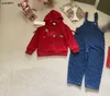 Populära babyspårsräder Två stycken Set Kids Hoodie Set storlek 100-150 cm Dinosaur Mönster Child Pullover and Denim Overalls 24mar