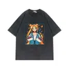 Marque belle fille guerrier T-Shirt surdimensionné Anime américain en détresse lavé pur coton à manches courtes haut surdimensionné