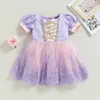 FocusNorm 06y Princess Kids Girls Party Dress Short Puff Sleeve Lace Tulle Mesh Tutu مع Bowknot 240228