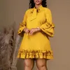 Casual Dresses Autumn Fashion Solid Loose Ruffle A-line Womens Round Neck Petal Sleeve Dress Midi Women