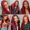 Perruque Lace Frontal Wig naturelle lisse bordeaux 99J HD, sans colle, prête à porter, couleur rouge 180%, 13x4 HD