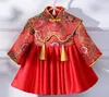 Красное атласное платье с длинными рукавами и цветочной вышивкой в китайском стиле для девочек