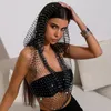 Kvinnors tankar Sexig Deep V Neck Backless Camisole för kvinnor Shiny Rhinestone Hollow See Through Fishnet Hooded Tank Top Rave Festival Crop