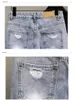 Heren Zomer Blauw Geperforeerde Denim Shorts Koreaanse Modemerk Rotte Zakken Slanke Rechte Wijde Pijpen Shorts Jeans 240226