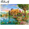 FULLCANG 5D-Diamant-Gemälde „Mazayka Lakeside Cottage“, DIY-Vollquadrat-Rundbohrer, Regenbogen-Landschaftsbild, FC1489250m