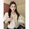 Women's Blouses Iyundo French Style Retro Elegant Niche Design Sweet Spliced Lace V-neck Puff Sleeve Shirt & Blouse Korean Girls Fashion