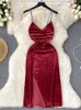 Vestidos casuais yuoomuoo luxo mulheres natal vestido de festa vermelho cintura alta correntes cintas split veludo bodycon robe femme