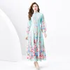 Spring Long Floral Pink Dresses For Women Vacation Style Stand Collar Buttons Cardigan Maxi Dress Designer Ladies Full Sleeve Printed Beach Casual Party Robes