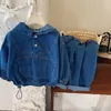 Ensemble Cowboy pour enfants 18M-8Y garçons et filles printemps et automne sweat à capuche bébé couleur unie jean deux pièces ensemble 240226