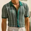 Camisas casuais masculinas verão listra de luxo impresso malha pola pescoço manga curta botão para baixo t-shirts para homens vintage negócios malhas 36gz