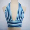 Tanques femininos beach wear magro sexy sem costas halter topo 2024 verão com decote em v listrado cor colisão topos colete blusa