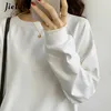 T-shirt das mulheres Jielur solto longo-trenó branco camisetas mulheres inverno cor sólida tops fe casual quente bottoming básico o-pescoço t-shirt s-l l24312