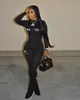 Женский модный облегающий комбинезон с буквенным принтом черного цвета, комбинезон с длинными рукавами, женские комбинезоны